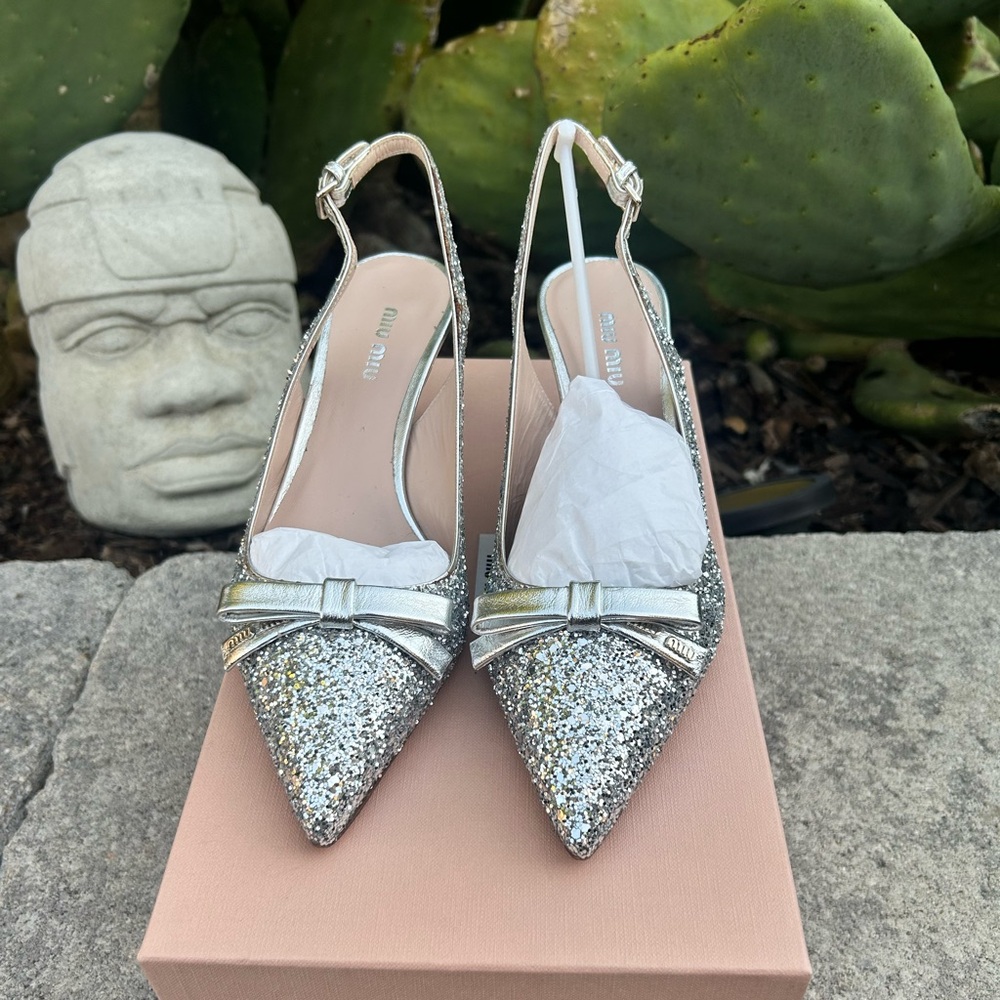 Miu Miu Slingback Silver Glitter Heels Size 37